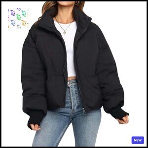 Cropped Puffer Jacket Oversized Quilted Lightweight Winter Outerwear Coat